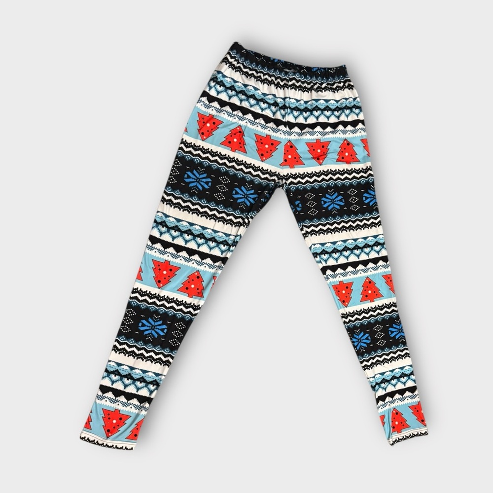 Holiday Christmas Tree Snowflake Leggings Fair Isle Soft Stretchy Pants Large